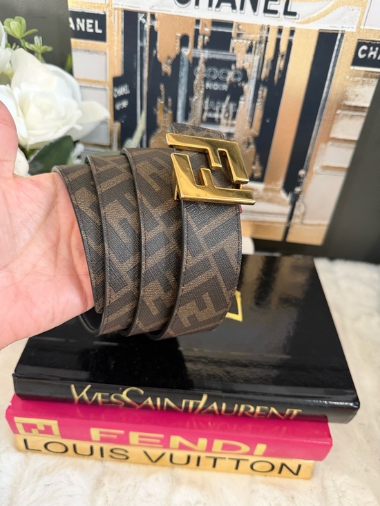 Fendi Reversible Logo Belt in Brown Monogram with Gold Buckle